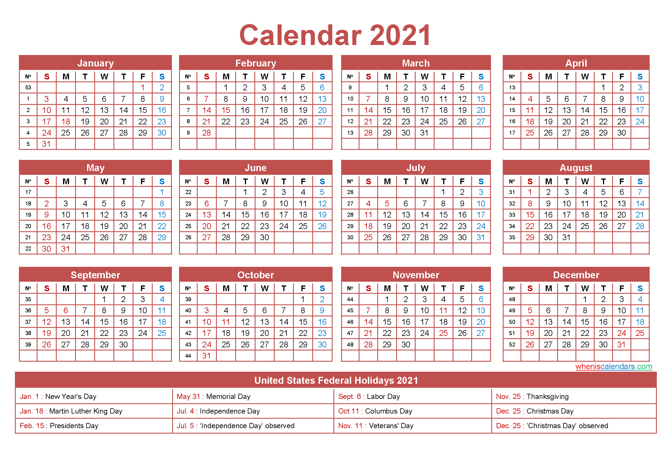 Free Printable Yearly 2021 Calendar With Holidays As Word-Monthly Calendar 2021 Printable Free