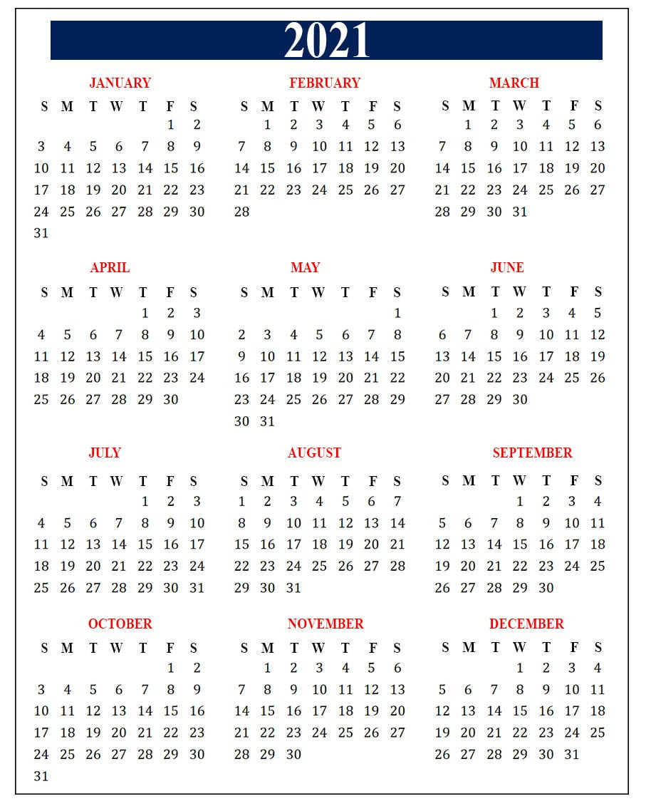 Free Yearly 2021 Calendar Template-Absentee Calendar 2021