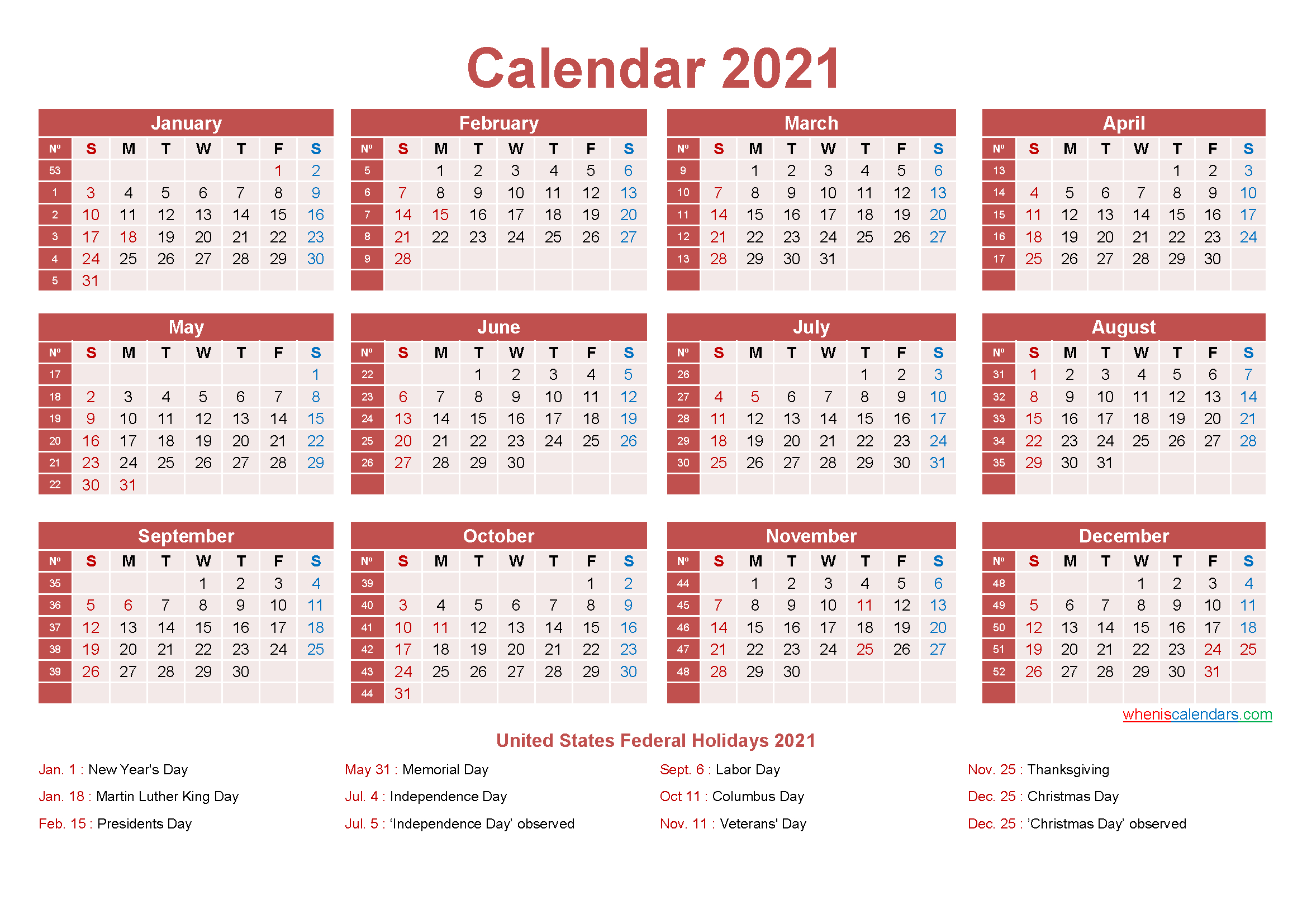 Free Yearly 2021 Calendar With Holidays Word, Pdf - Free-2021 Annual Calendar Printable