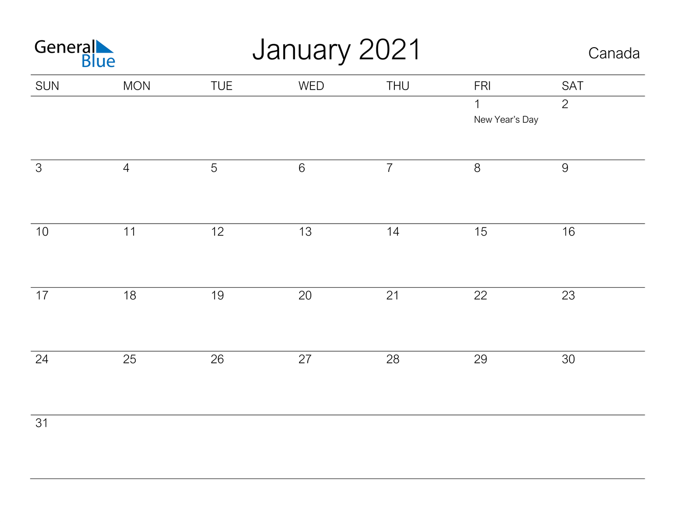 January 2021 Calendar - Canada-Calendar 2021 2021 Calendar