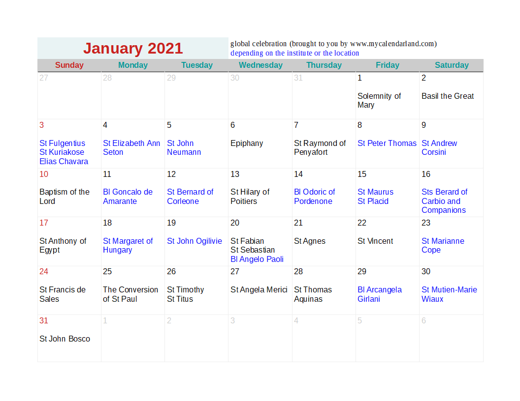 January 2021 Calendar - My Calendar Land-Calendar Of Religious Holidays 2021