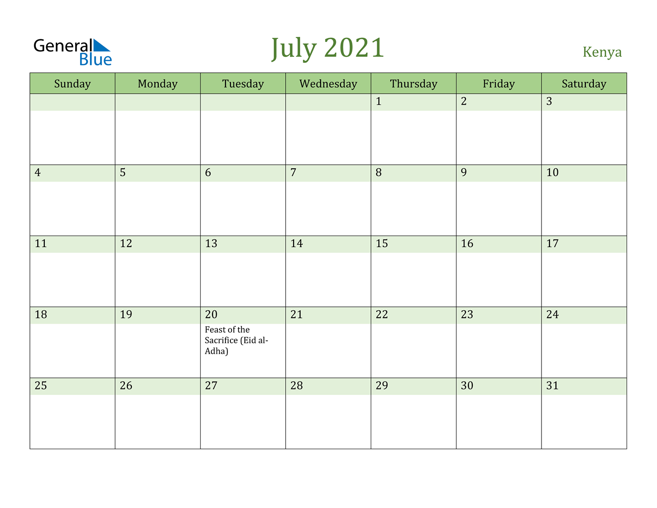 July 2021 Calendar - Kenya-July 2021 Calendar