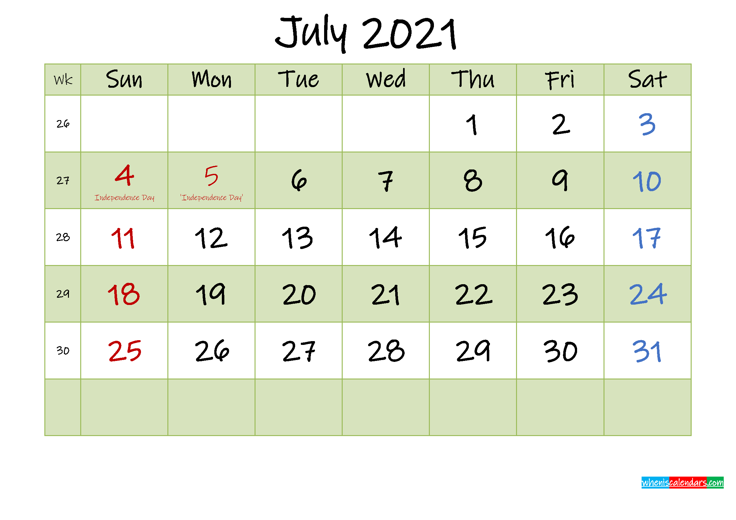 July 2021 Calendar With Holidays Printable - Template No-July 2021 Starfall Calendars