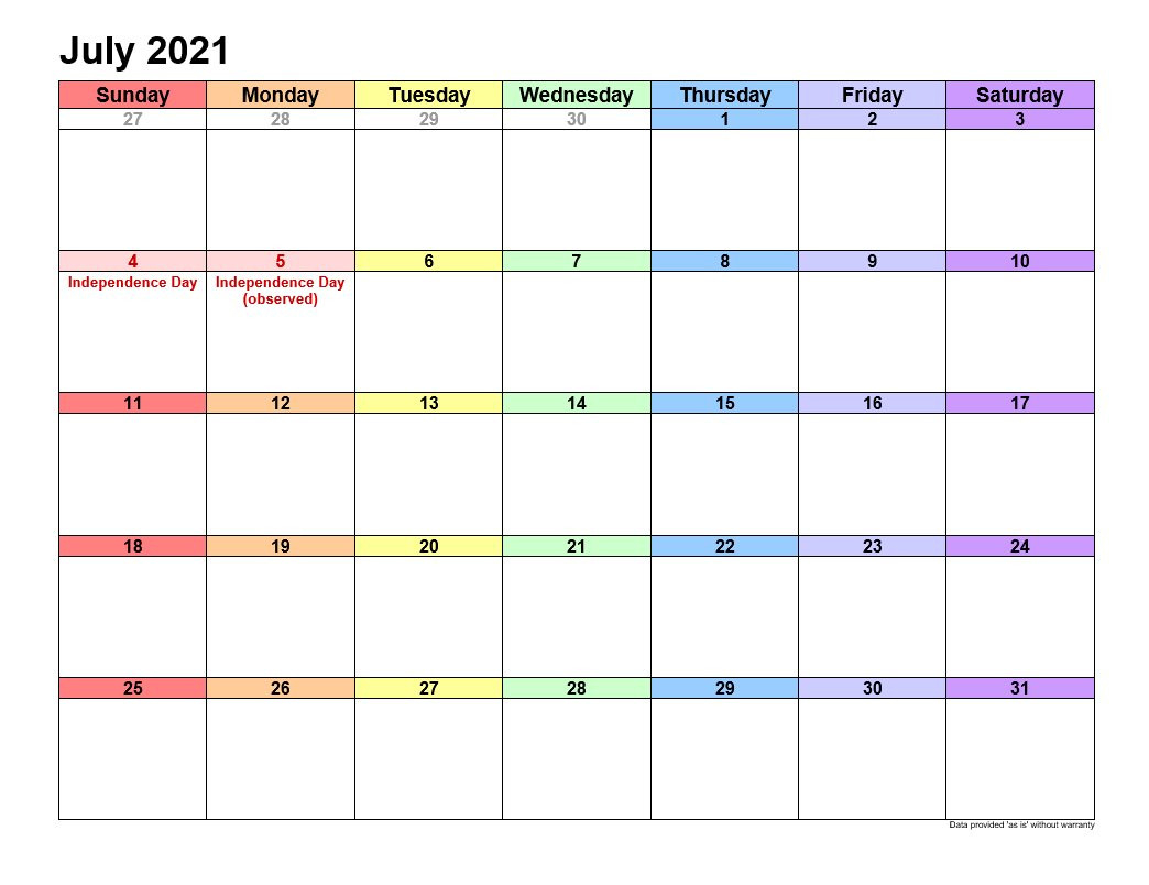July 2021 Printable Calendars Template 1-July 2021 Calendar