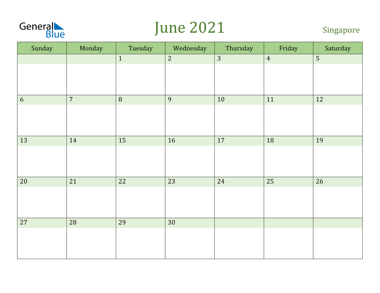 June 2021 Calendar - Singapore-June 2021 Calendar