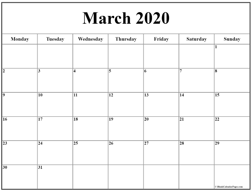 March 2020 Monday Calendar | Monday To Sunday In 2020-Free Monthly 2021 Calendar Showing Monday Through Friday