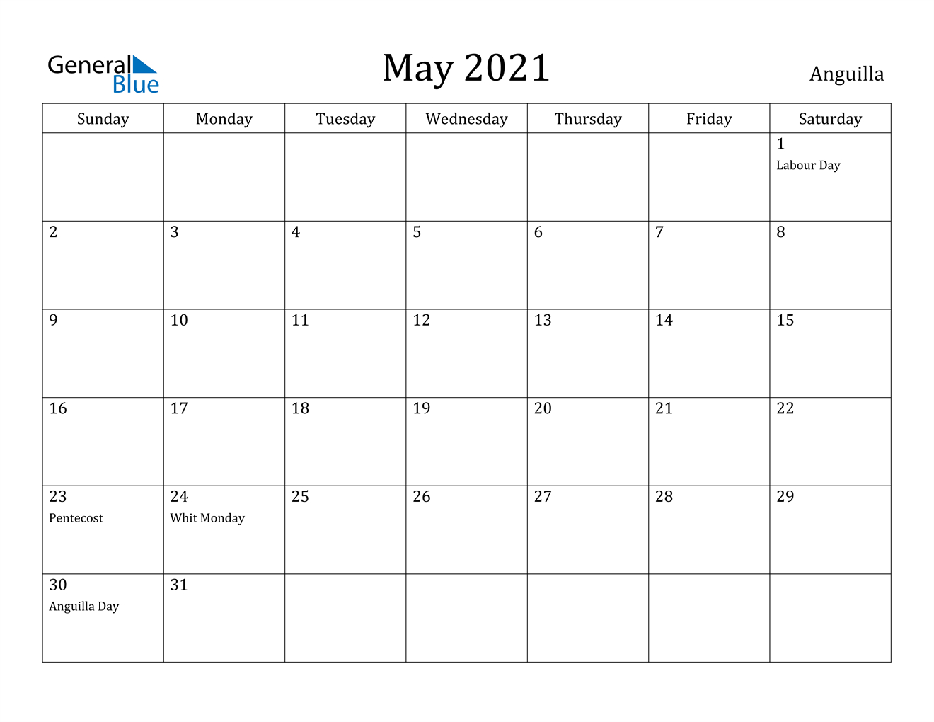 May 2021 Calendar - Anguilla-Printable List Of 2021 National Days
