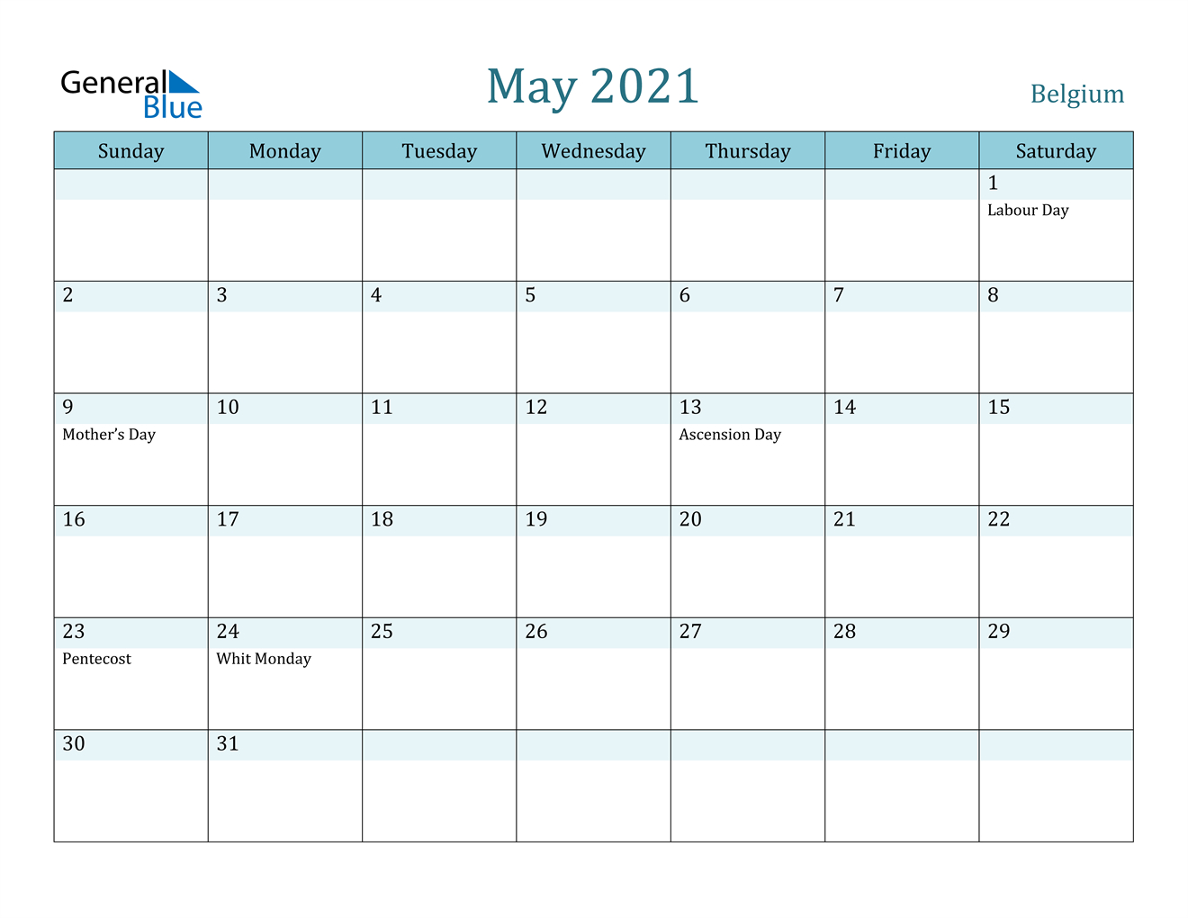 May 2021 Calendar - Belgium-Calendar May 2021