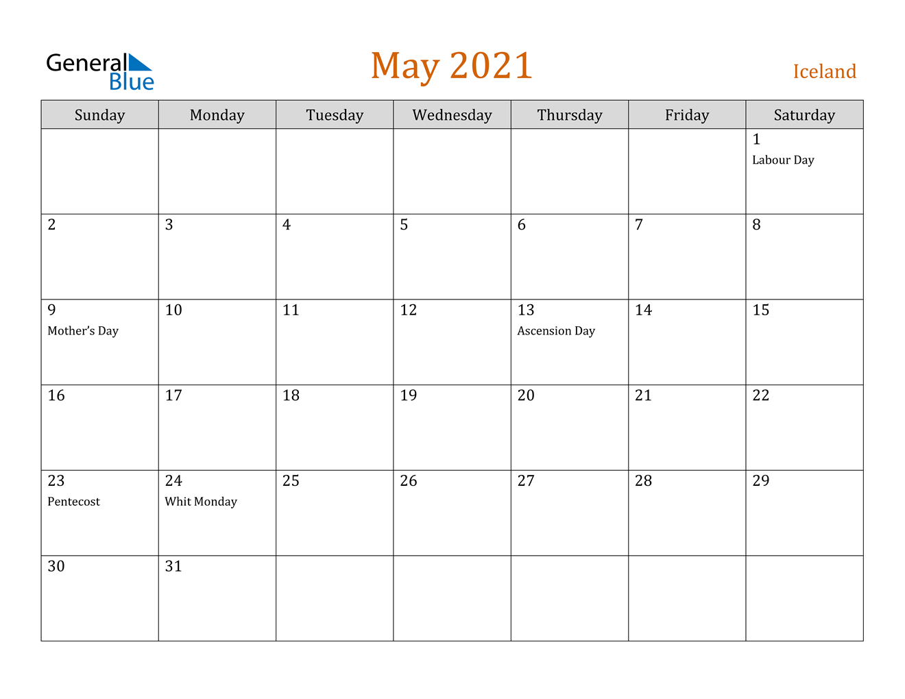 May 2021 Calendar - Iceland-Calendar May 2021