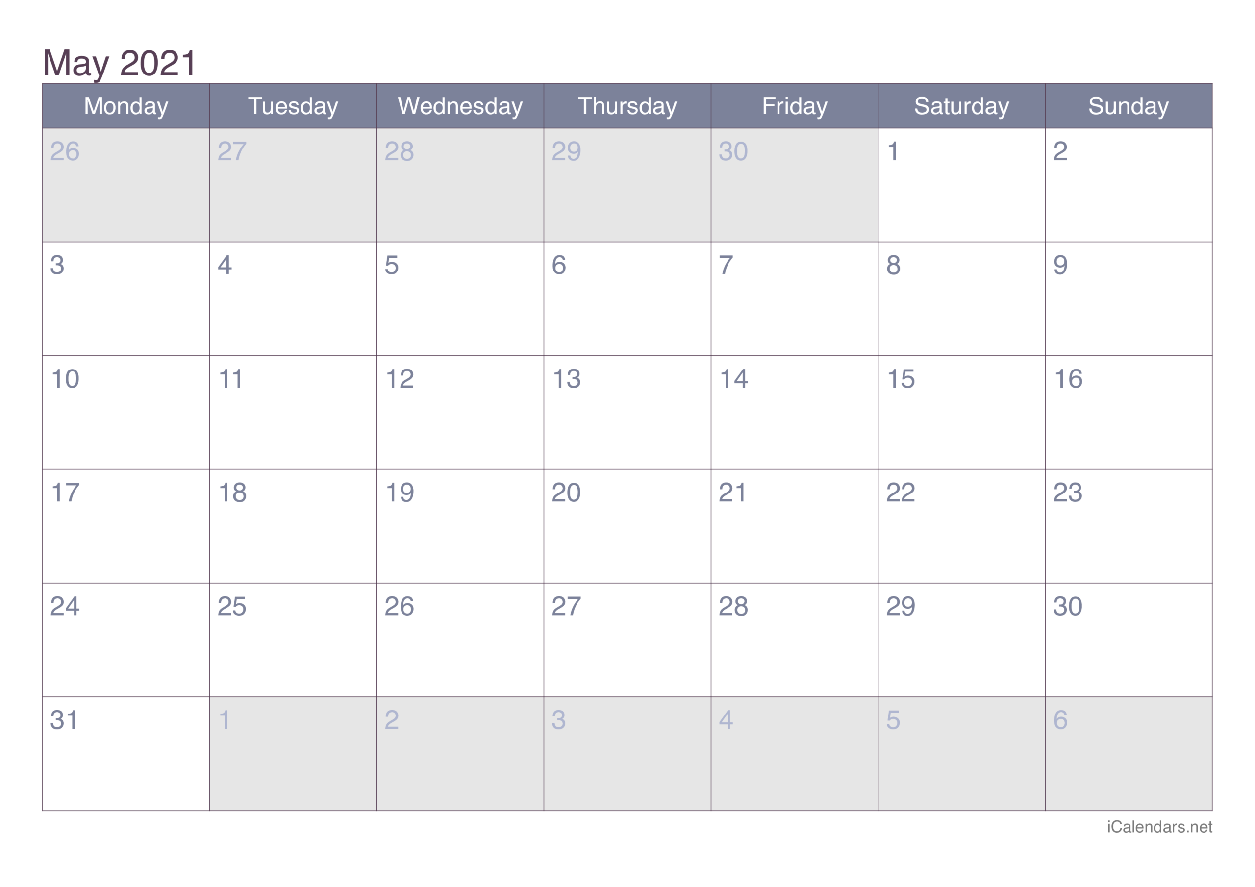 May 2021 Printable Calendar - Icalendars-May 2021 Excel Vacation