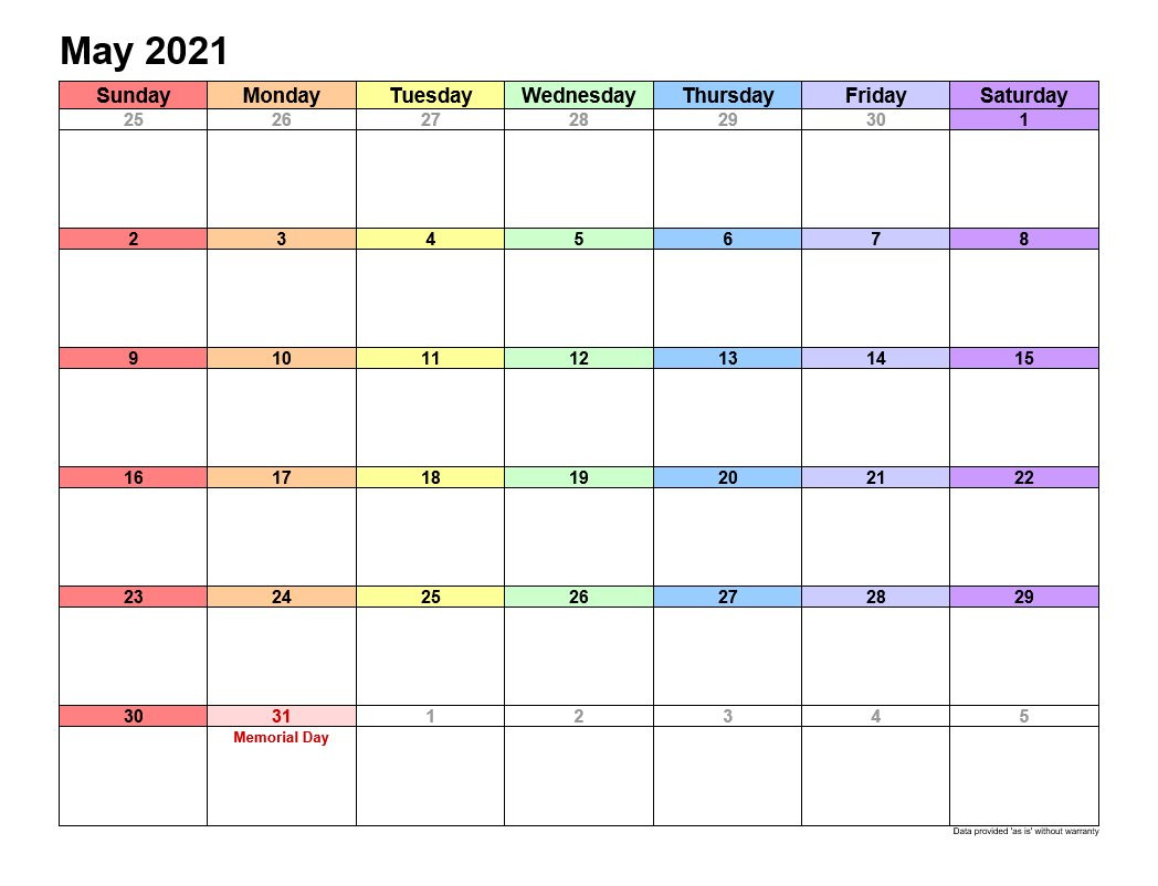 May 2021 Printable Calendars Landscape Format-Calendar May 2021