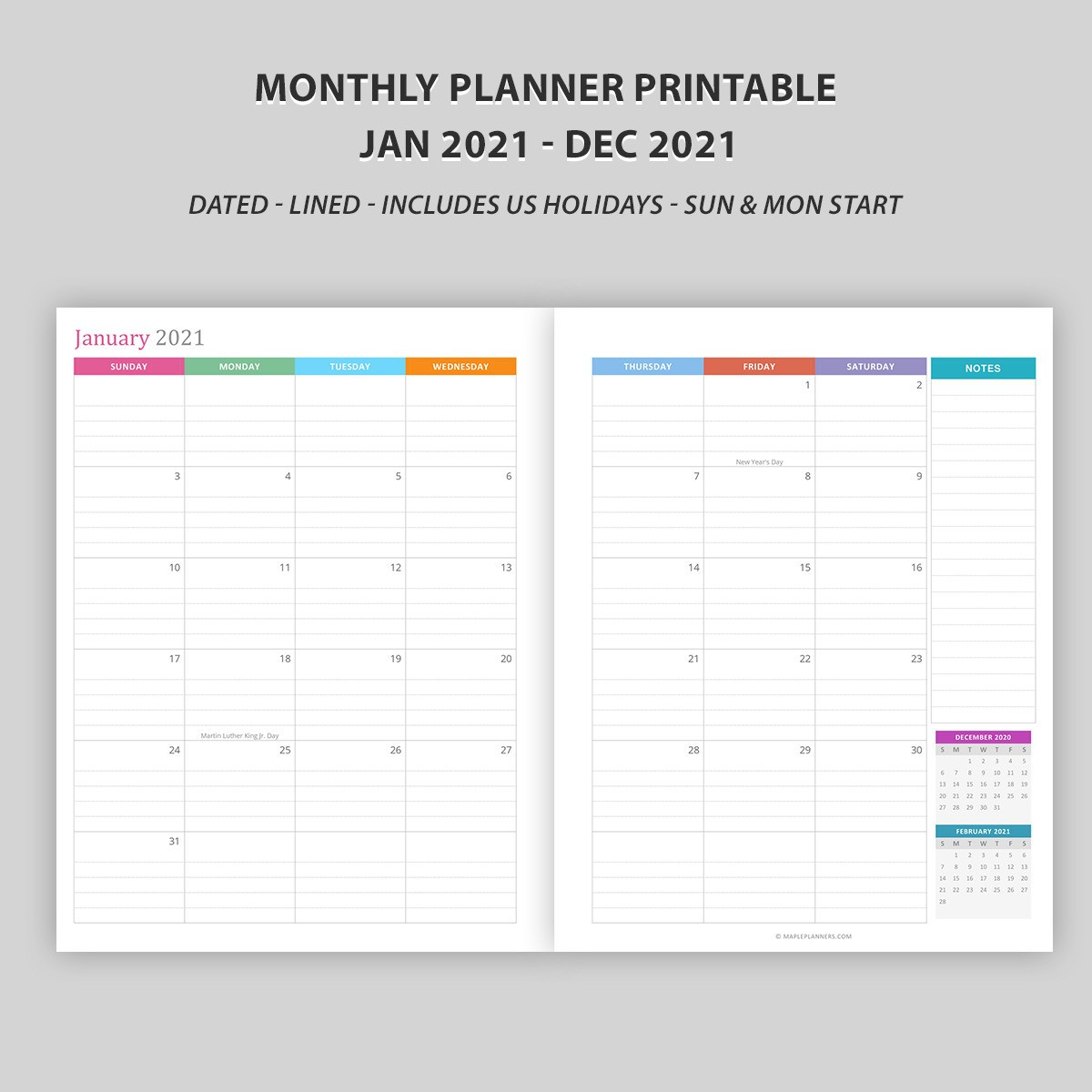 Monthly Calendar 2021 - Vertical Layout - Download Free-2 Page Monthly 2021 Calendar