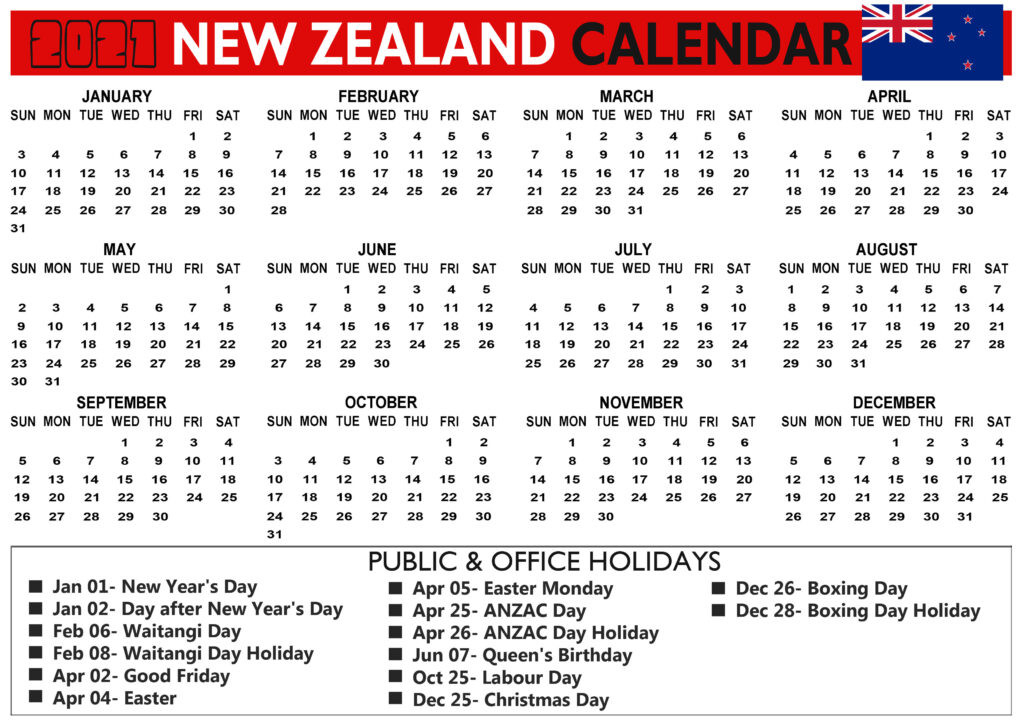 New Zealand 2021 Calendar With Bank, Public, School-Printable 2021 2021 School Calendar