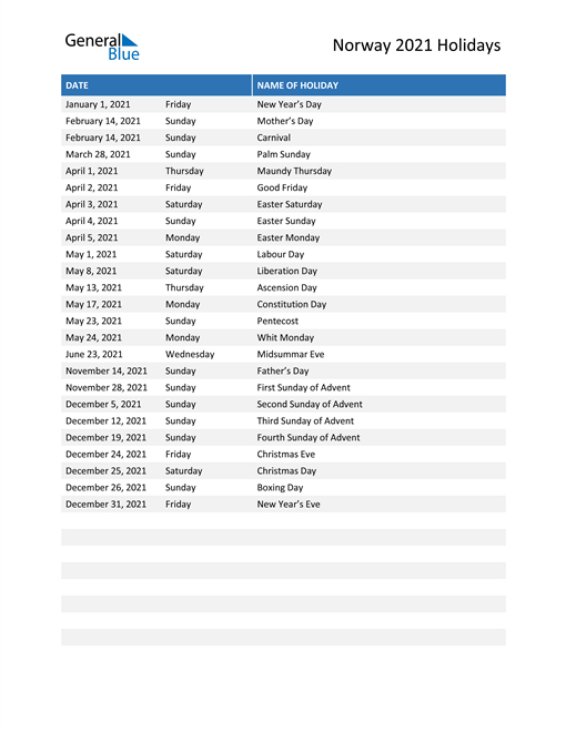 Norway Holidays 2021 In Pdf, Word And Excel-Excel List Of Holidays 2021