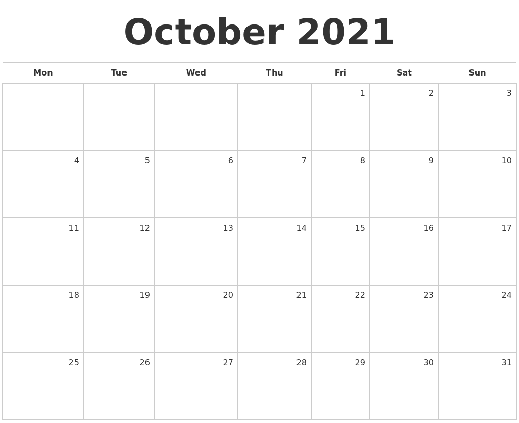 October 2021 Blank Monthly Calendar-Monthly Schedule Planner August 2021