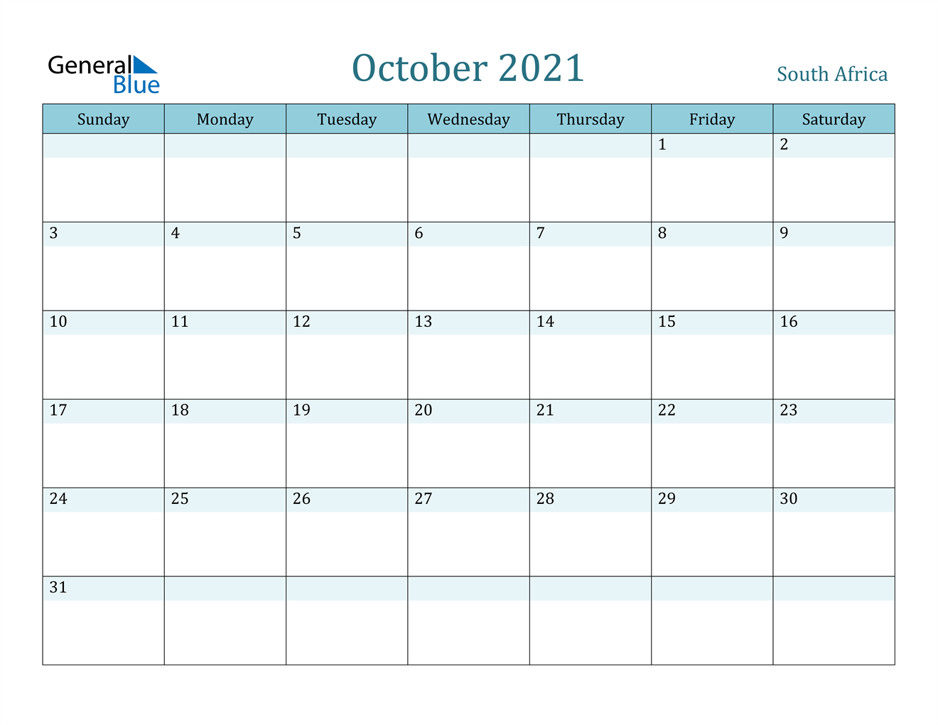 October 2021 Calendar - South Africa-2021 Calendar South Africa