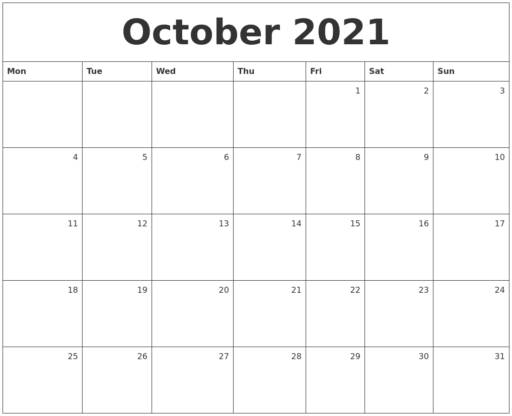 October 2021 Monthly Calendar-Vertex Montly Calendar October 2021
