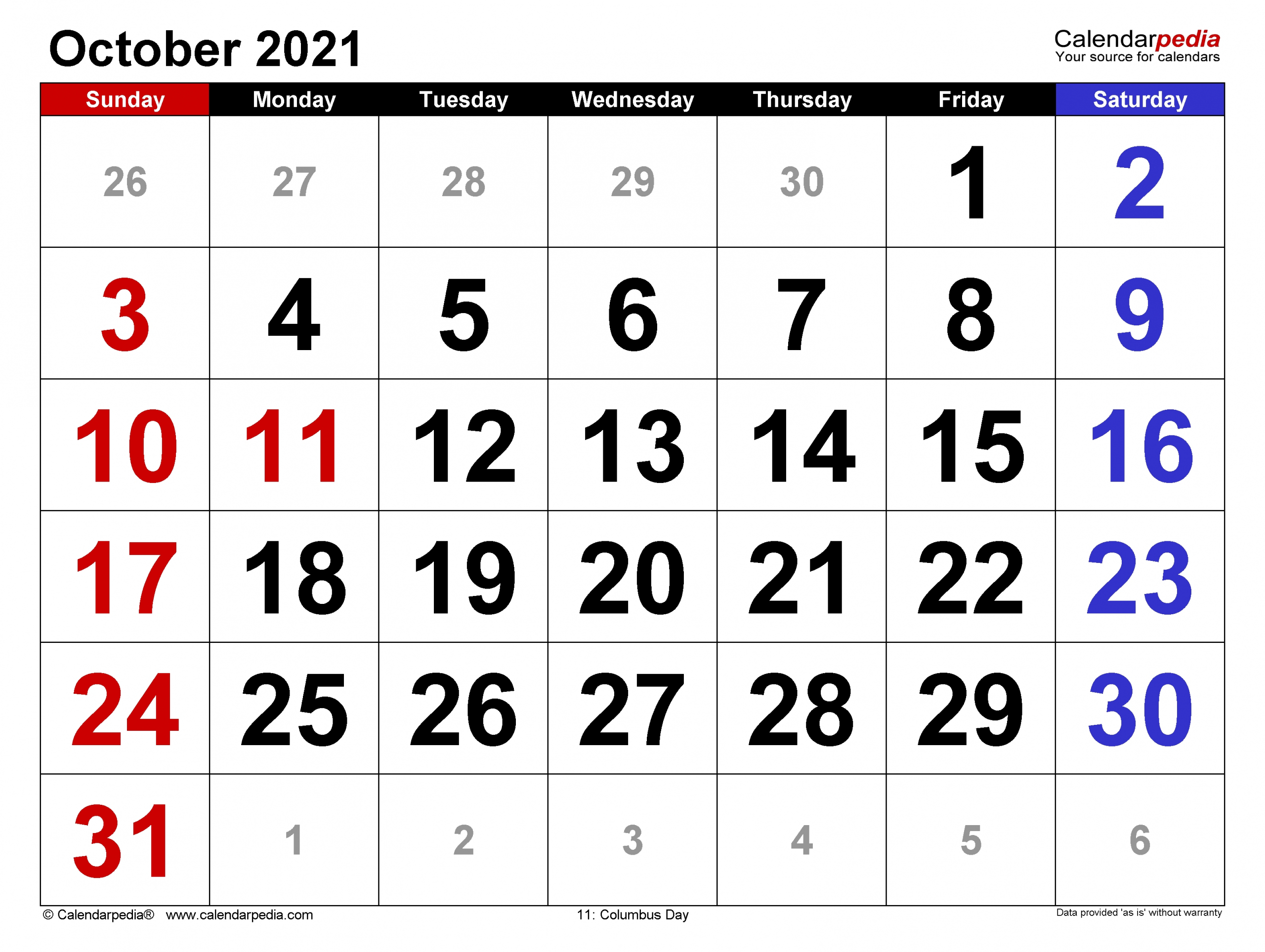 October Calendar 2021 | Month Calendar Printable-Monthly Calendar 2021 Printable Free