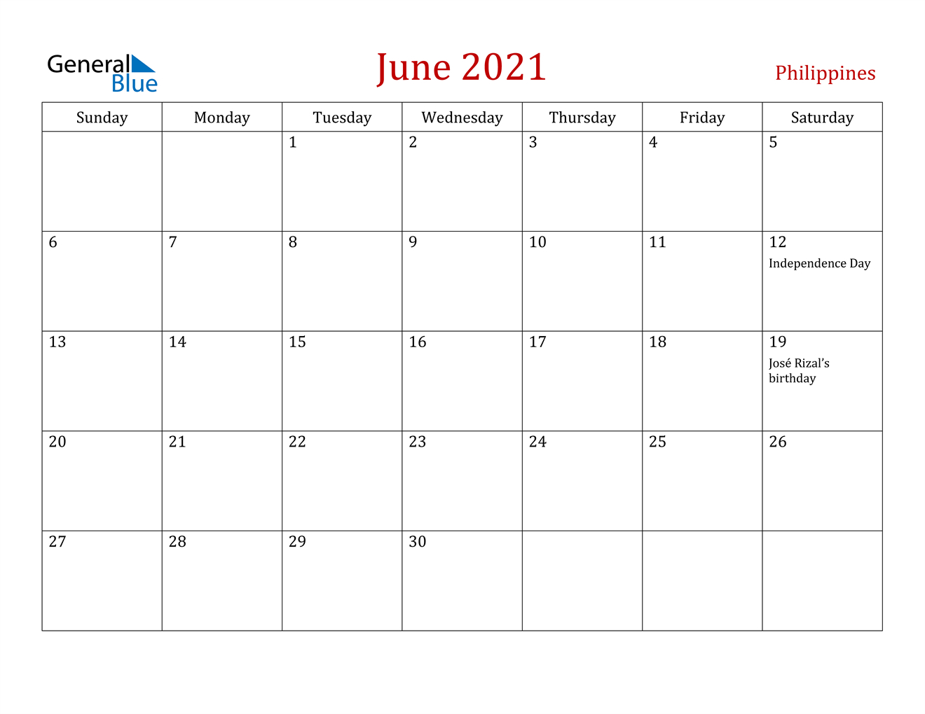 Philippines June 2021 Calendar With Holidays-June 2021 Calendar Printable
