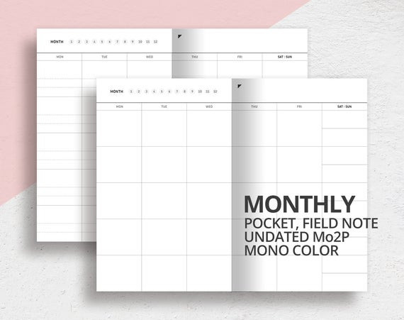 Pocket Field Note Size Monthly Insert/Mo2P/Printable Undated-Free Pocket Printable Calendar