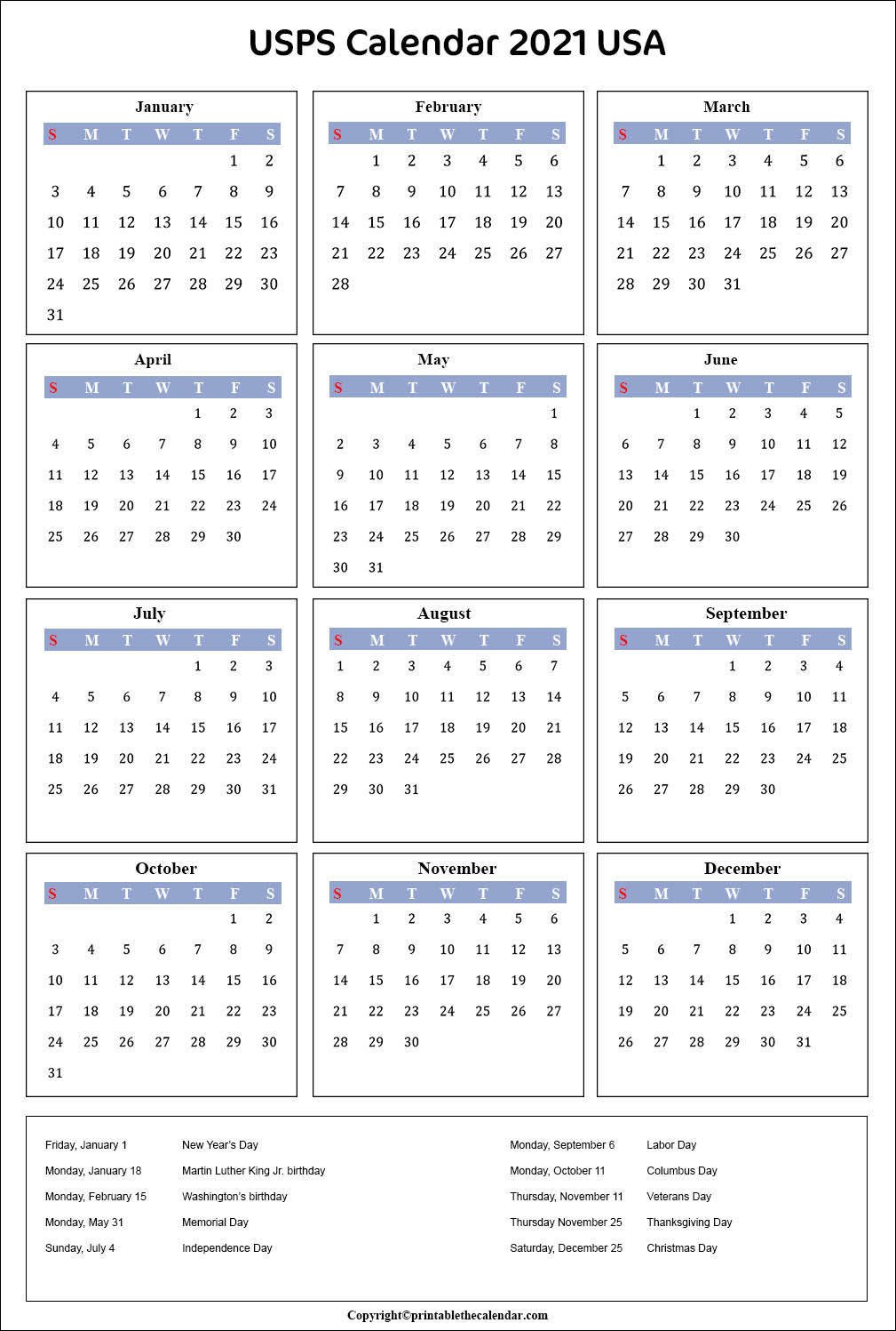 Posatal Awrvice Calendar 2021 | 2021 Calendar-Downloadable 2021 Employee Vacation Schedule