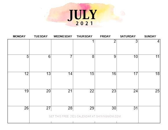 Pretty Printable 2021 Calendar, Monday Start! | Calendar-Free Printable Monthly Bill Calendar 2021