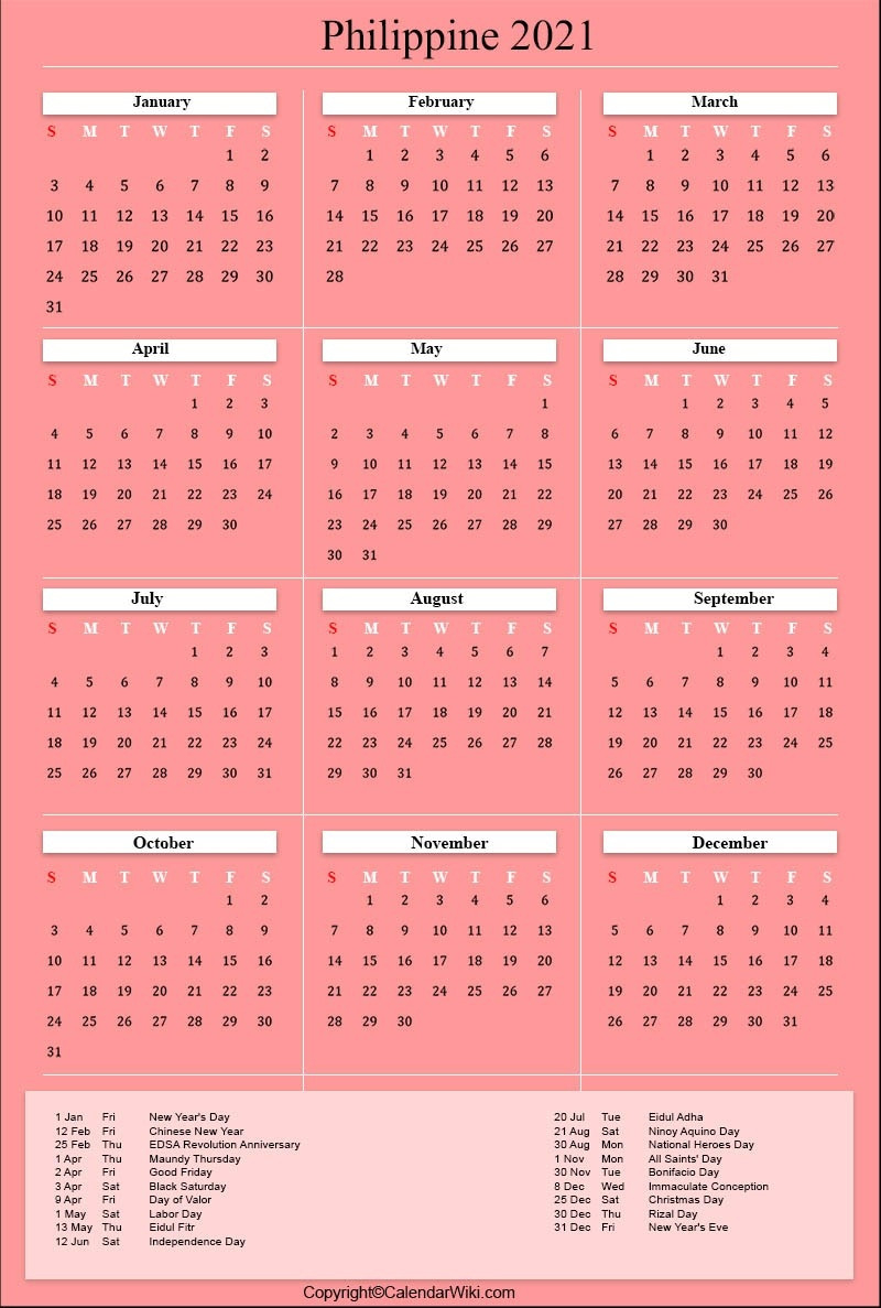 Print Philippine 2021 Calendars With Holiday | Calendar-Free 2021 Vacation Calander