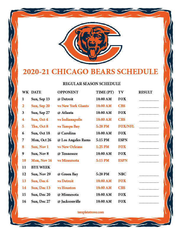Printable 2020-2021 Chicago Bears Schedule-2021 Nfl Schedule Printable