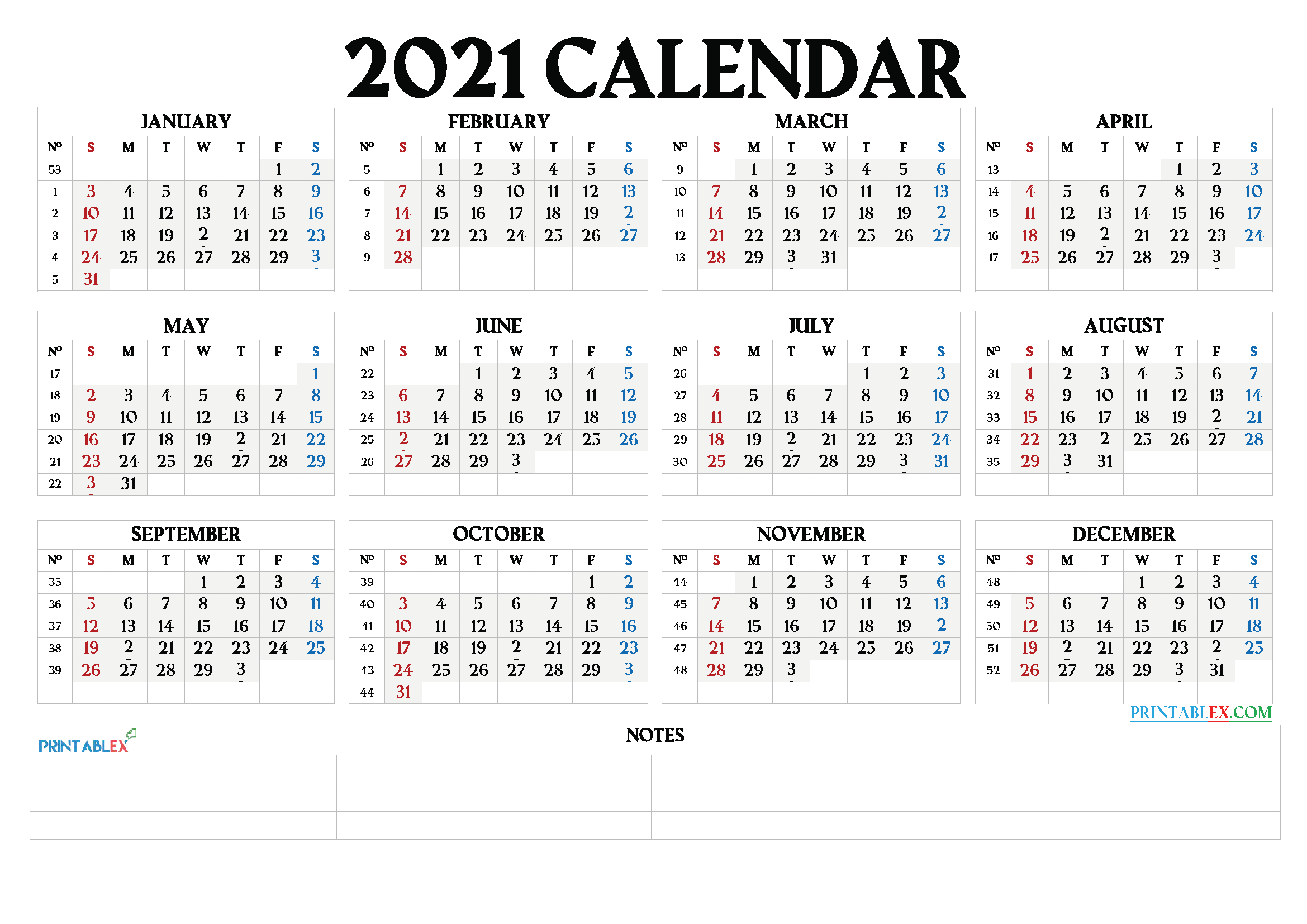 Printable 2021 Calendar By Month - 21Ytw66-2021 Yearly Calendar Printable Free With Notes