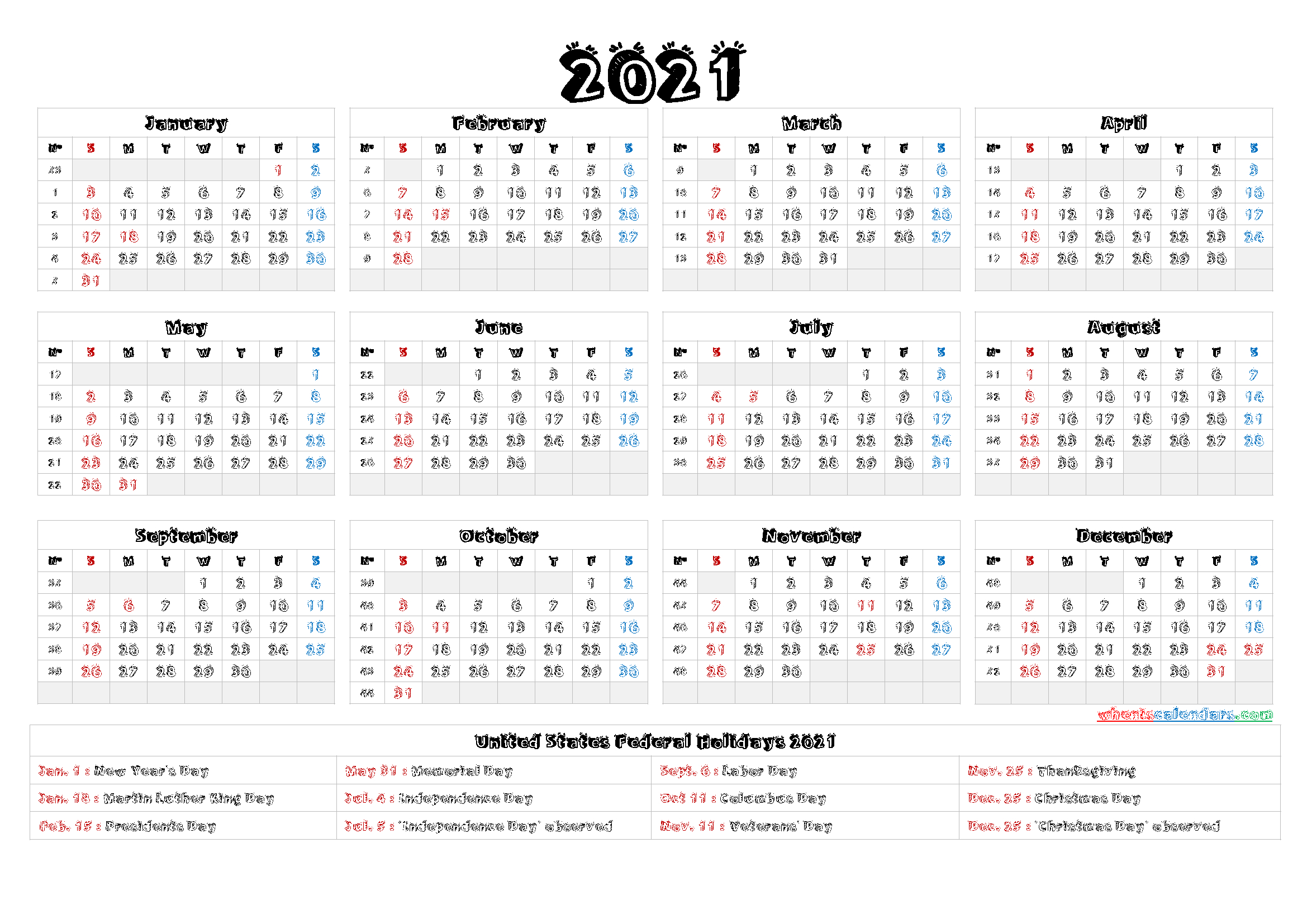 Printable 2021 Calendar With Holidays - 6 Templates-Maintenance Vacation Calender 2021