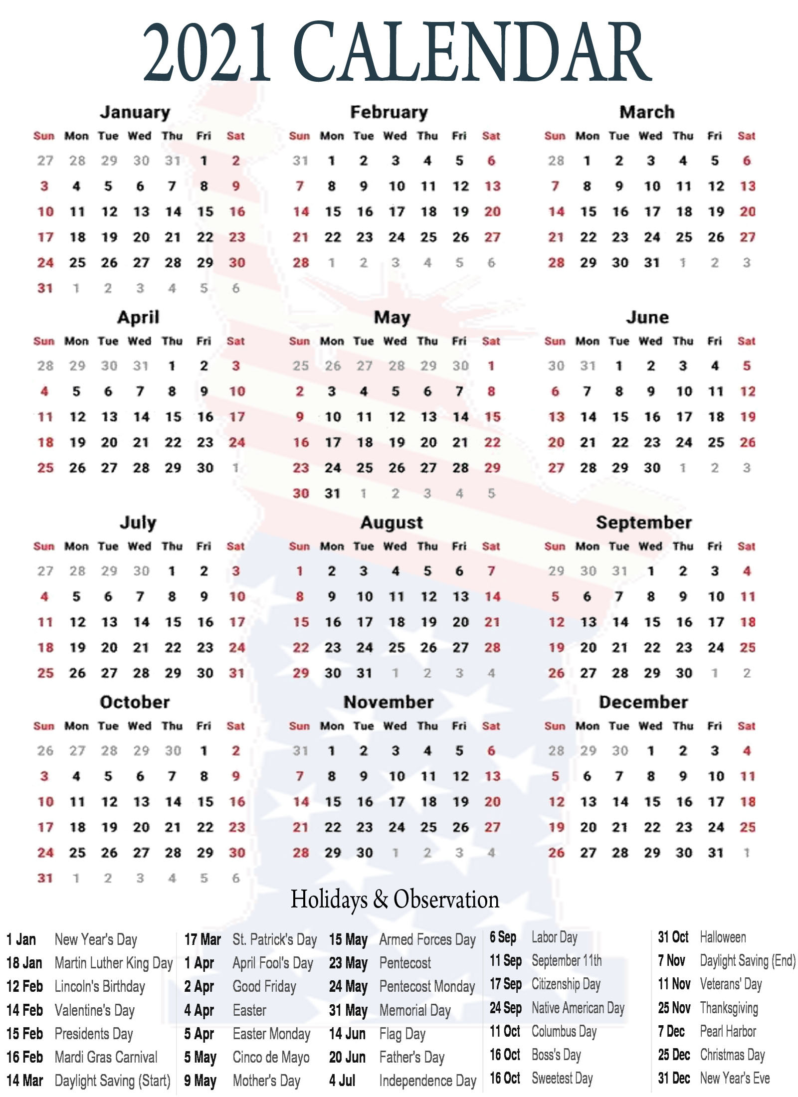 Printable 2021 Us Calendar With Holidays, Federal, Bank-2021 Calendar With Bank Holidays