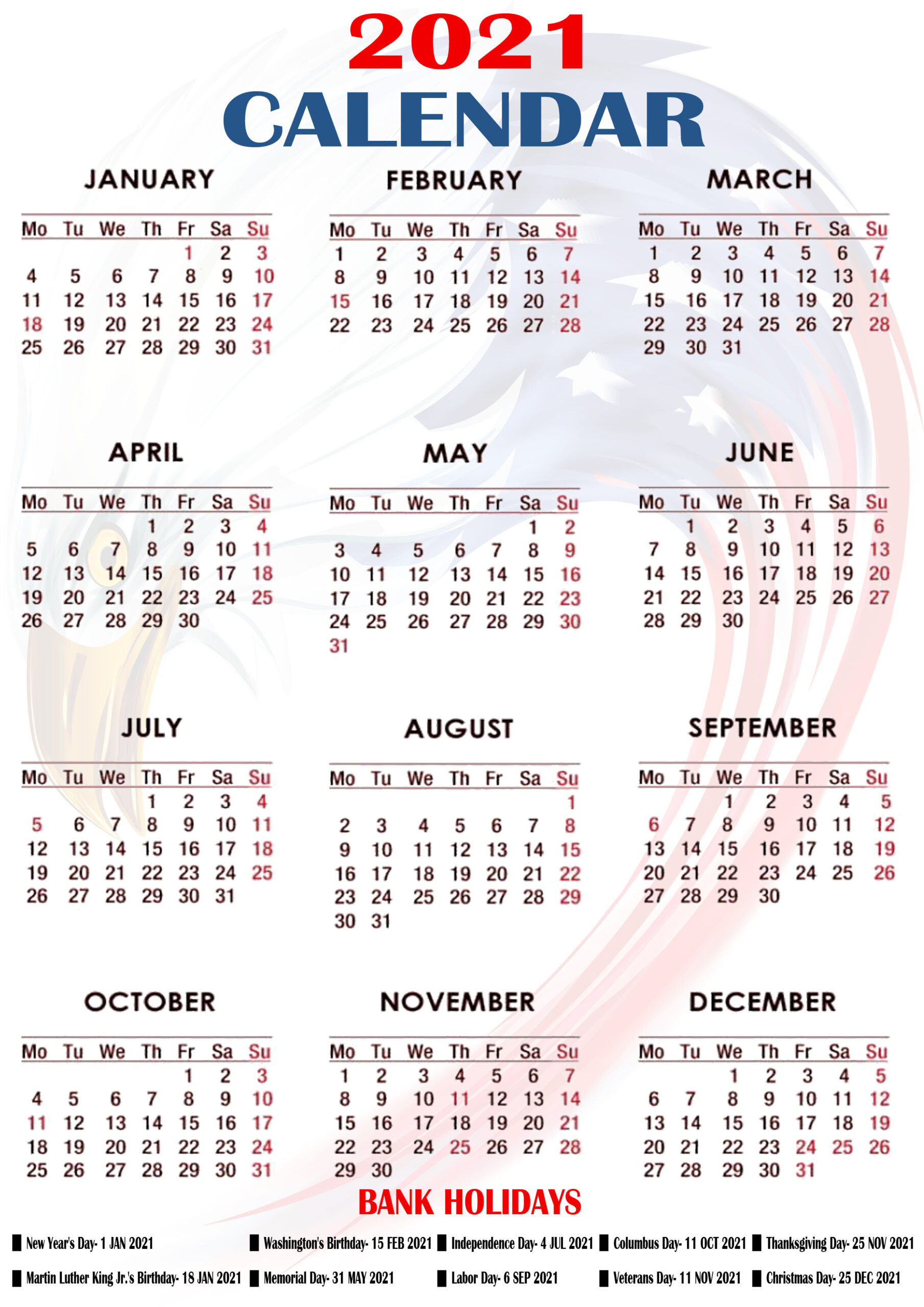 Printable 2021 Us Calendar With Holidays, Federal, Bank-Printable Calendar 2021 With Major Holidays