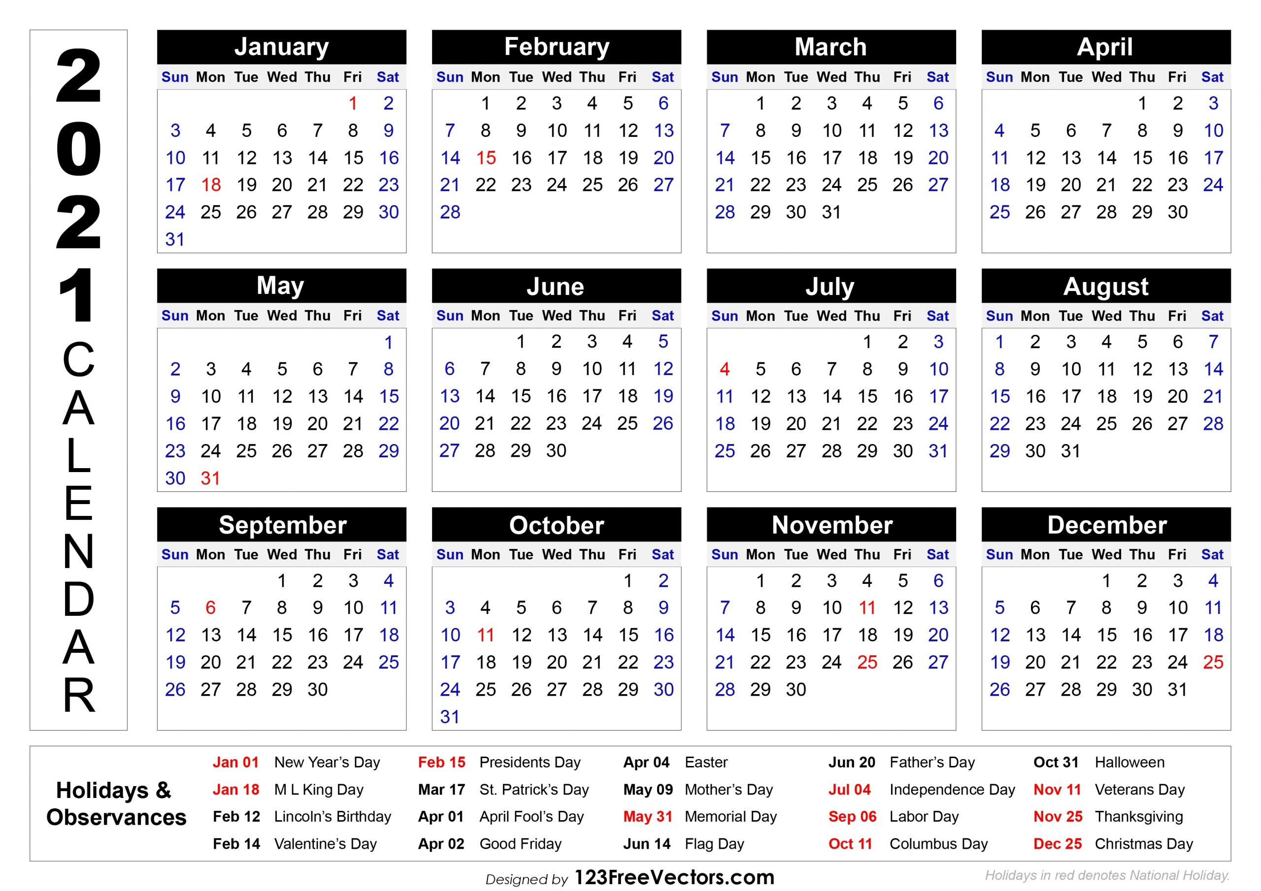 Printable Calendar 2021 National Days - Calendar-2021 Calendar With Holidays Printable Free
