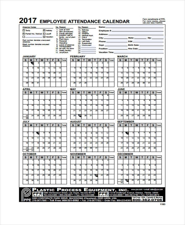 2021 Employee Attendance Calendar Free | Calendar Template Printable
