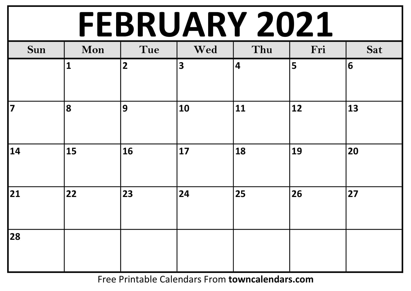 Printable February 2021 Calendar - Towncalendars-Calendar Templates 2021 February