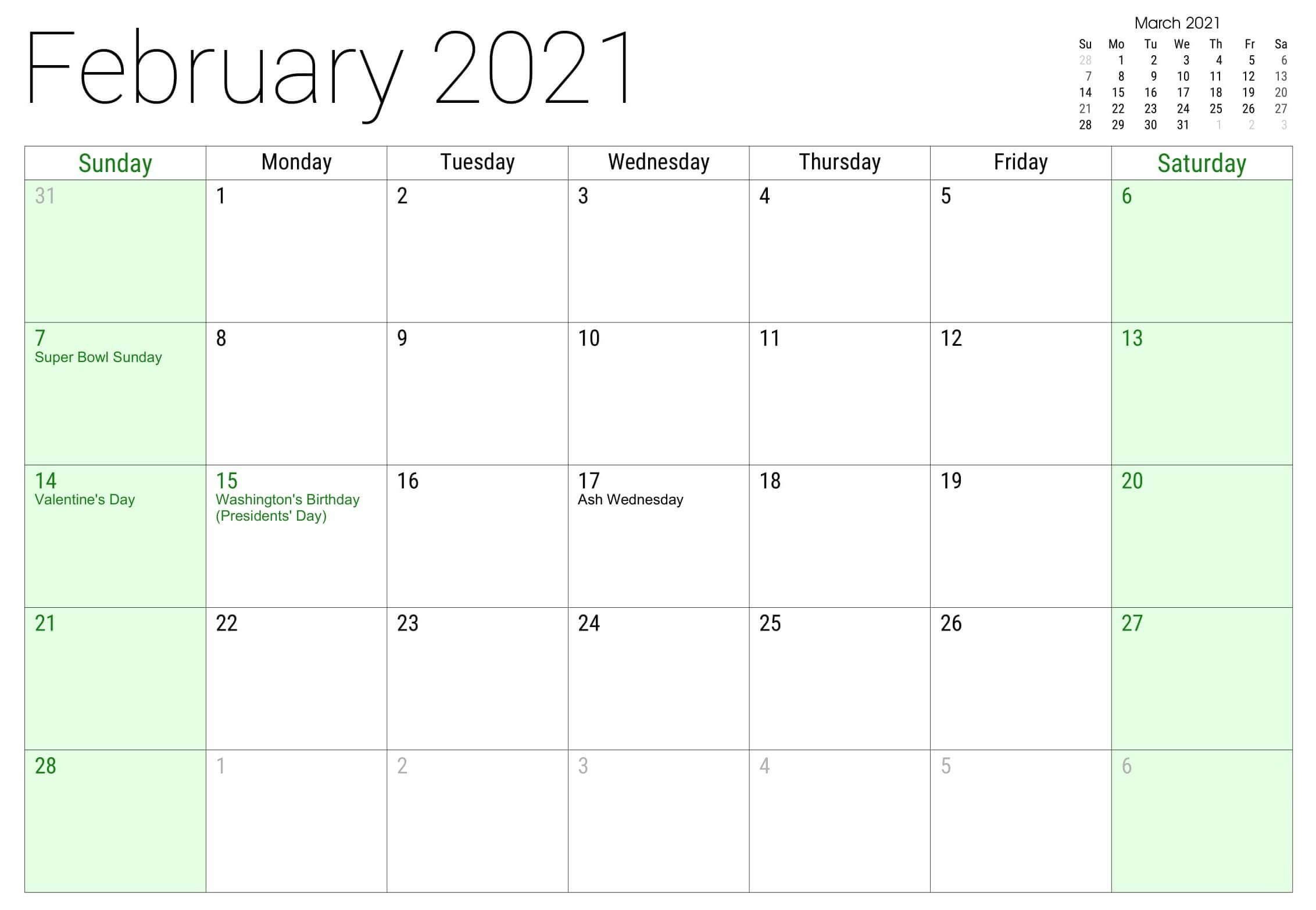 Printable February 2021 Calendar With Holidays Template-Calendar Templates 2021 February