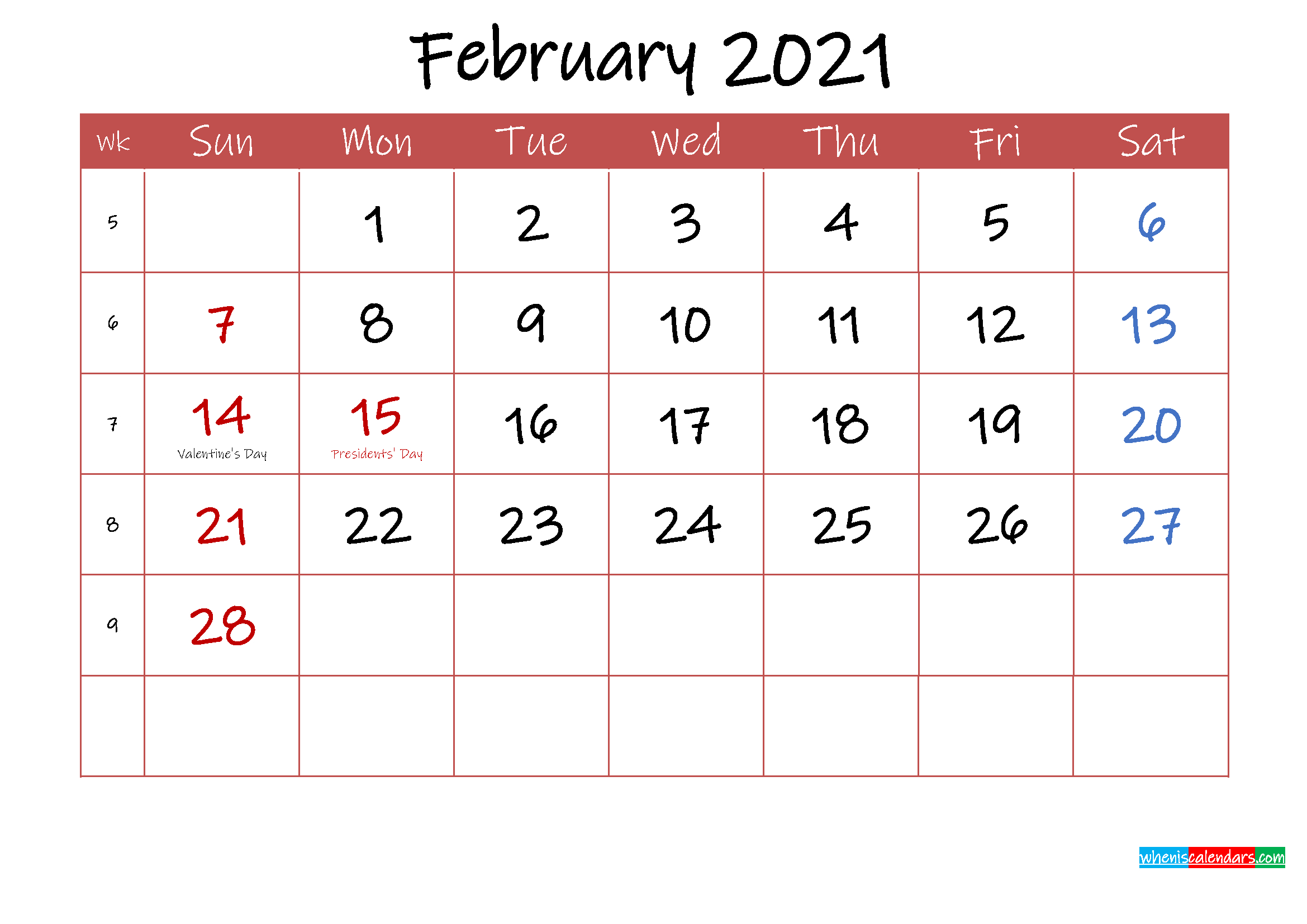 Printable February 2021 Calendar With Holidays - Template-Calendar Templates 2021 February
