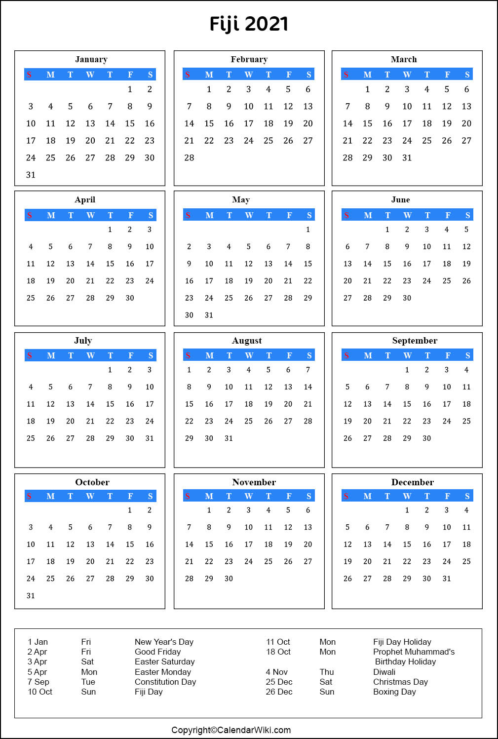 Printable Fiji Calendar 2021 With Holidays [Public Holidays]-Download 2021 Calendar With School Terms And Public Holidays