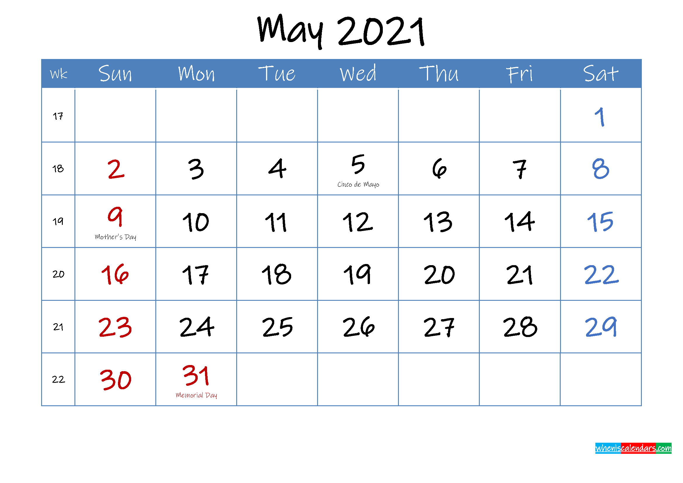 Printable May 2021 Calendar Word - Template Ink21M17-May 2021 Calendar Printable Bill