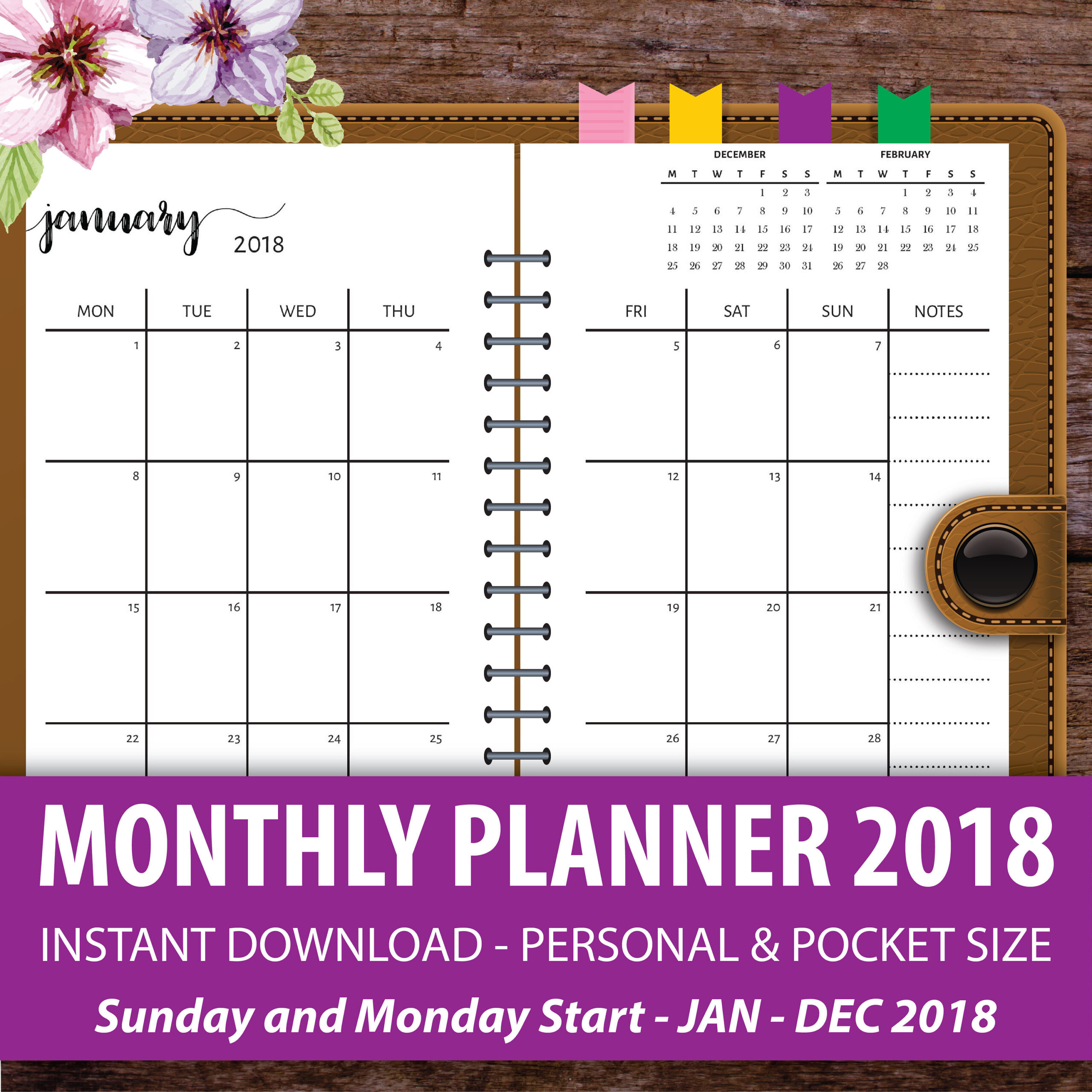 Printable Monthly Planner 2018 Monthly Calendar Planner-Free Pocket Printable Calendar