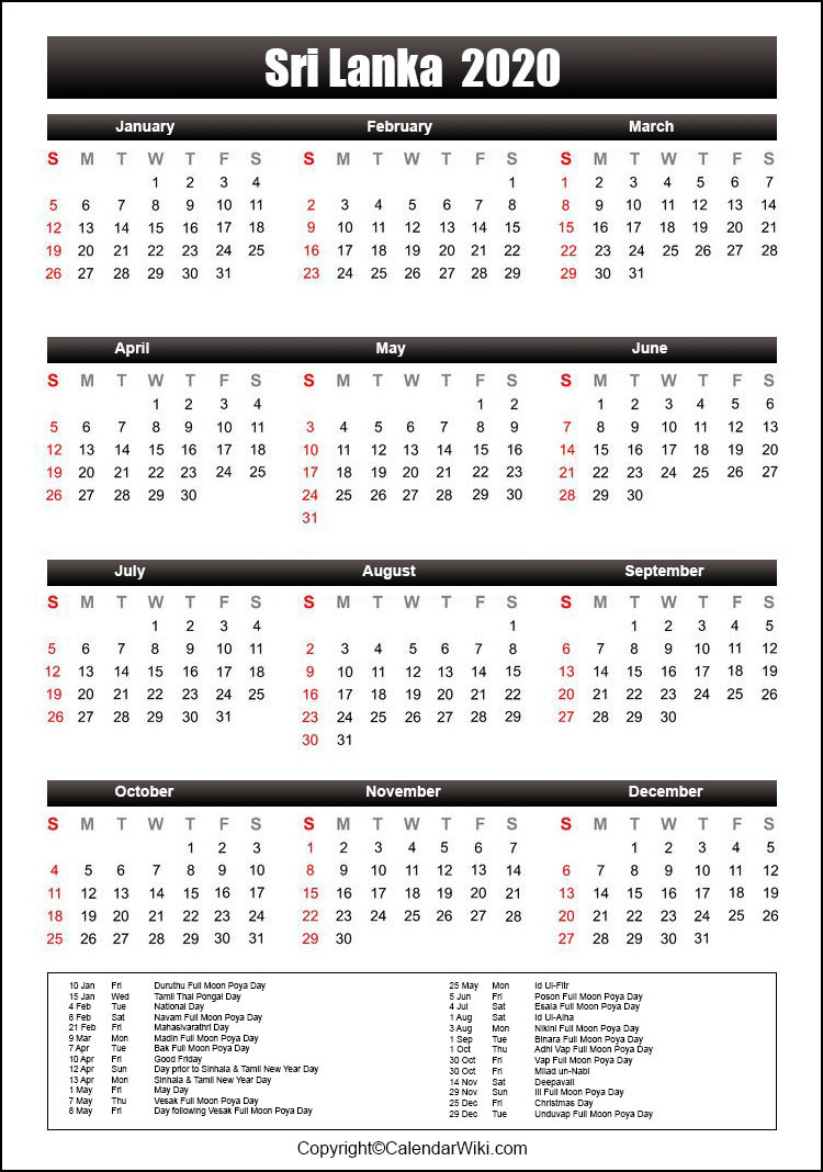 Printable Srilanka Calendar 2020 With Holidays [Public-2021 Holidays Mercantile Sl