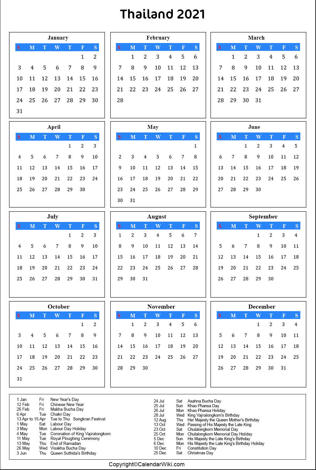 Printable Thailand Calendar 2021 With Holidays [Public-Printable List Of 2021 National Days