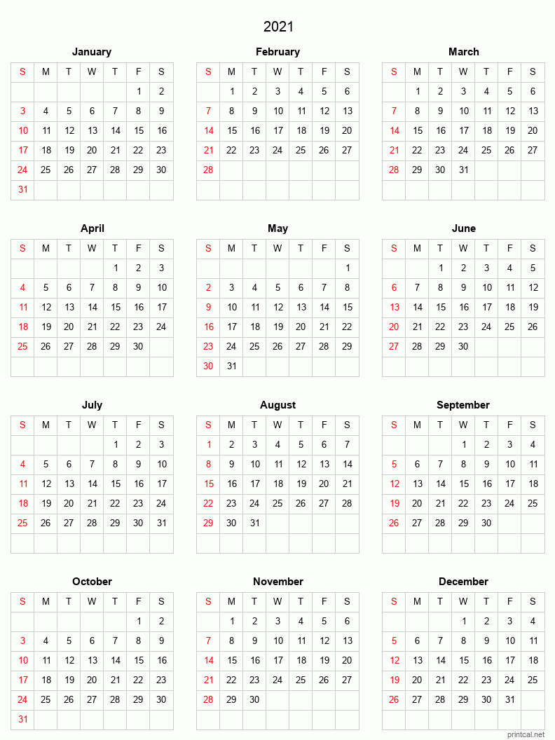 Printable Yearly Calendar 2021, Full-Year | Free Printable-Free Download Printable Calendar 2021 Month In A Column
