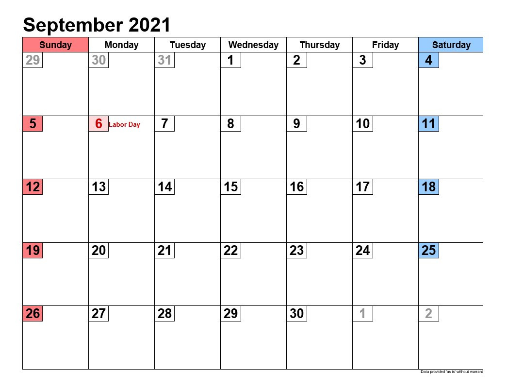 September 2021 Calendars Landscape Format-September 2021 Calendar Printable Template