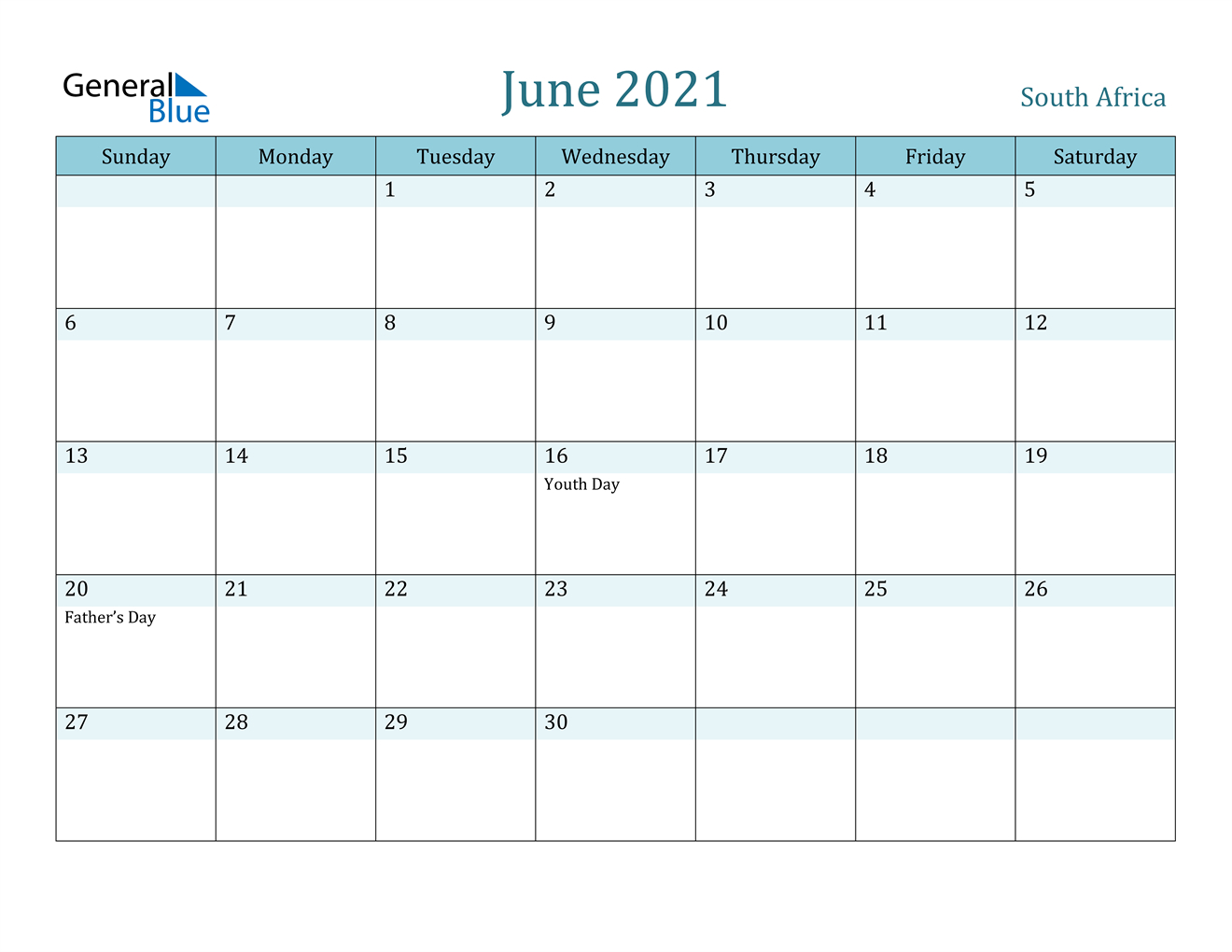 South Africa June 2021 Calendar With Holidays-Free 2021 June Calendars That Can Be Edited