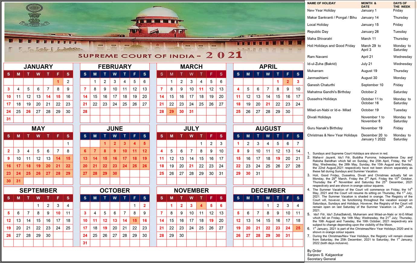 Supreme Court Calendar 2021 Holidays | Seg-Maintenance Vacation Calender 2021