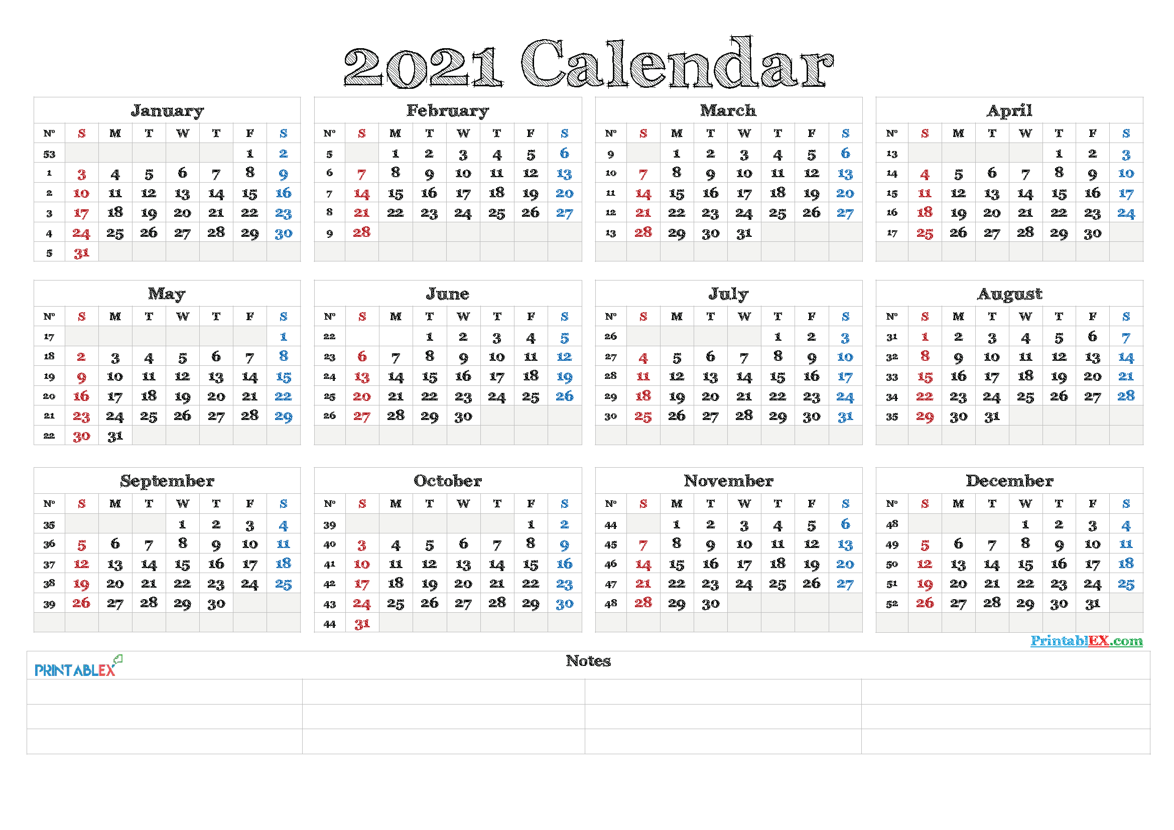 Printable 2021 Yearly Calendar Free Pdf Calendar Template Printable