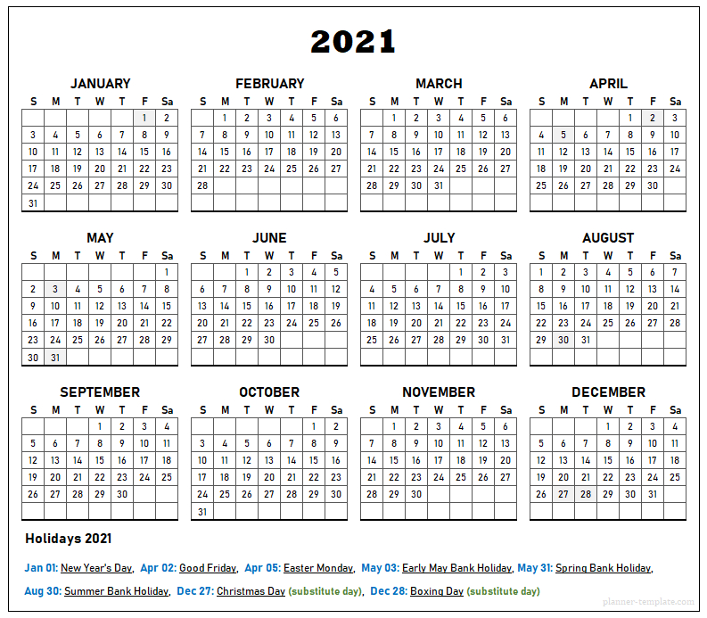 Uk Holiday 2021 Calendar Template - School, Bank, Public-2021 Free Employee Vacation Calendar