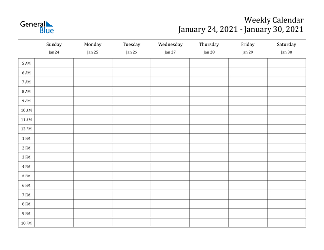 Weekly Calendar - January 24, 2021 To January 30, 2021-Free Printable Hourly Calendar 2021