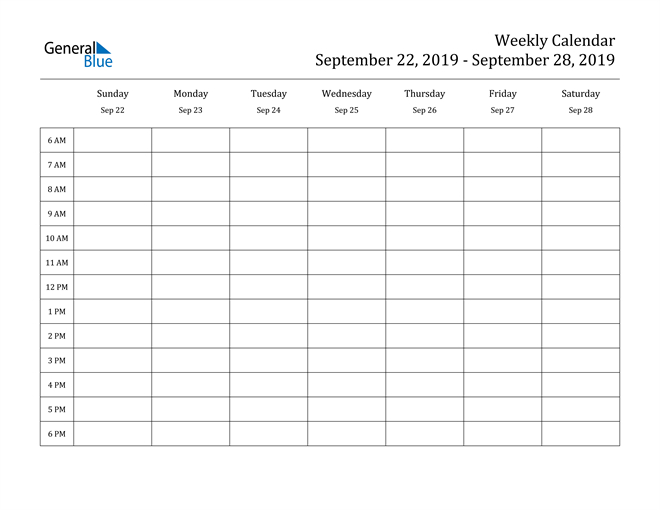 Weekly Calendar - September 22, 2019 To September 28, 2019-Hourly Daily Calendar 2021